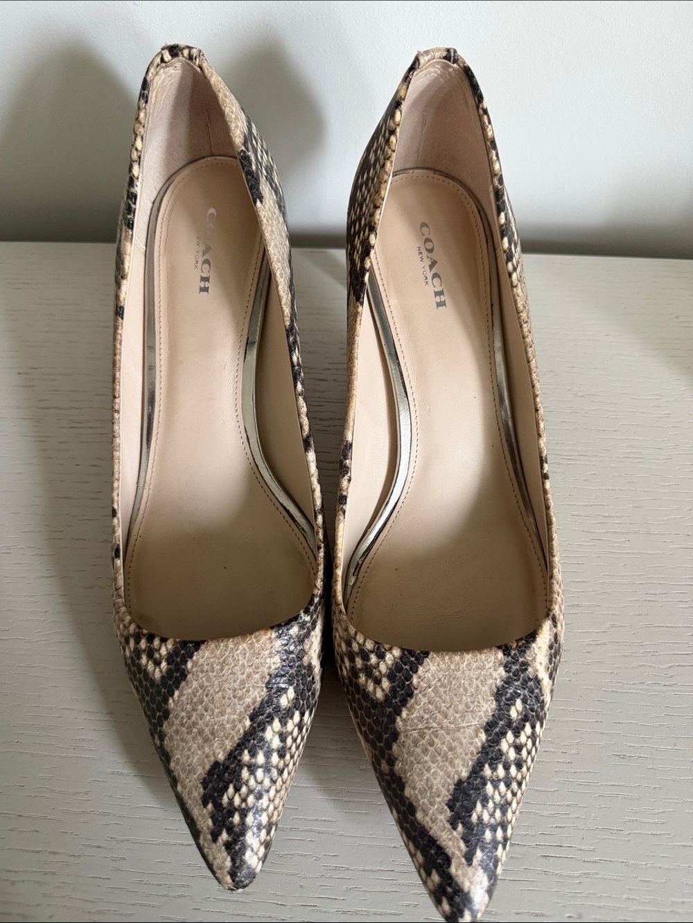 Coach Snake-Print Pointed-Toe Pumps in Tan and Black - Picture 2 of 6